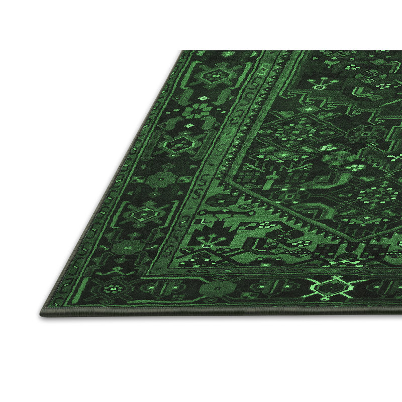 Tapis oriental en laine / polyester tissé à la machine en vert / noir, Rectangle 2 pi x 3 pi
