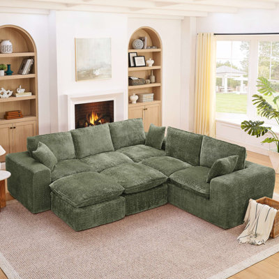 107'' Modern Boucle L-Shaped Sectional Sofa With Two Moveable Ottomans For Living Room, Comfy Cloud Couch With Pillows, DIY Combination