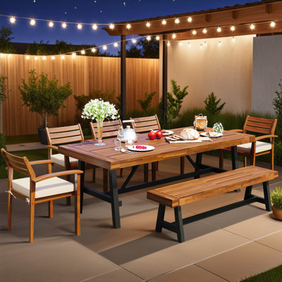 Abdel 8 - Person Acacia Wood Patio Dining Set with Removable Cushion, Ergonomic Chairs And Bench