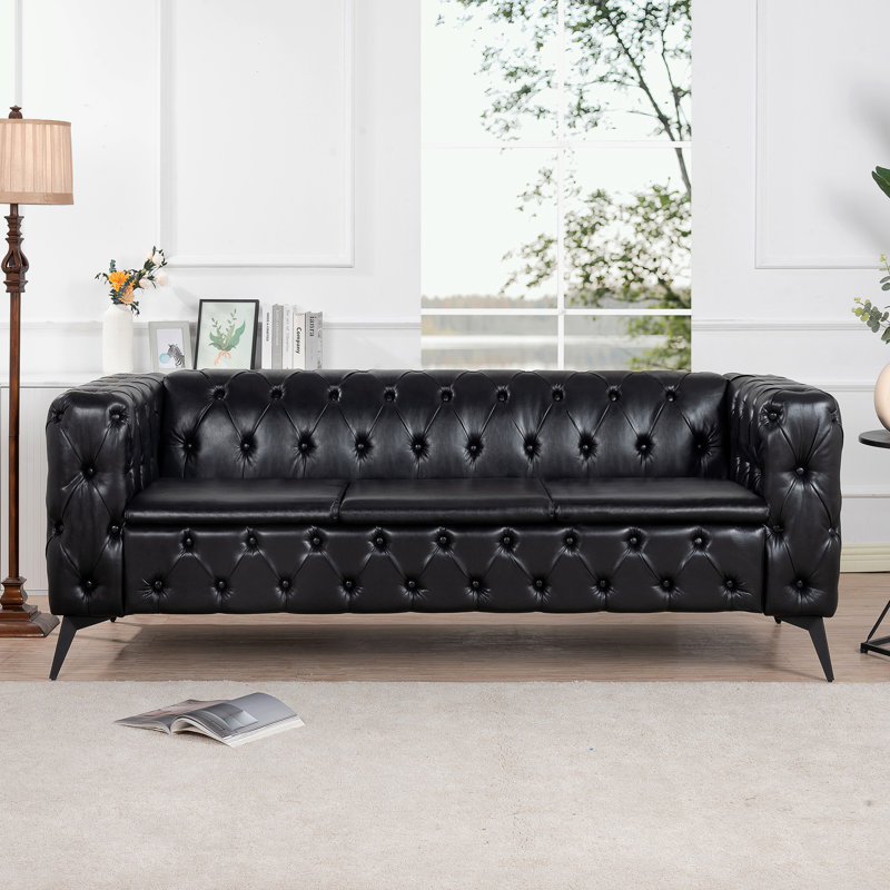 Natsue 84.06'' Faux Leather Sofa, Black Faux Leather