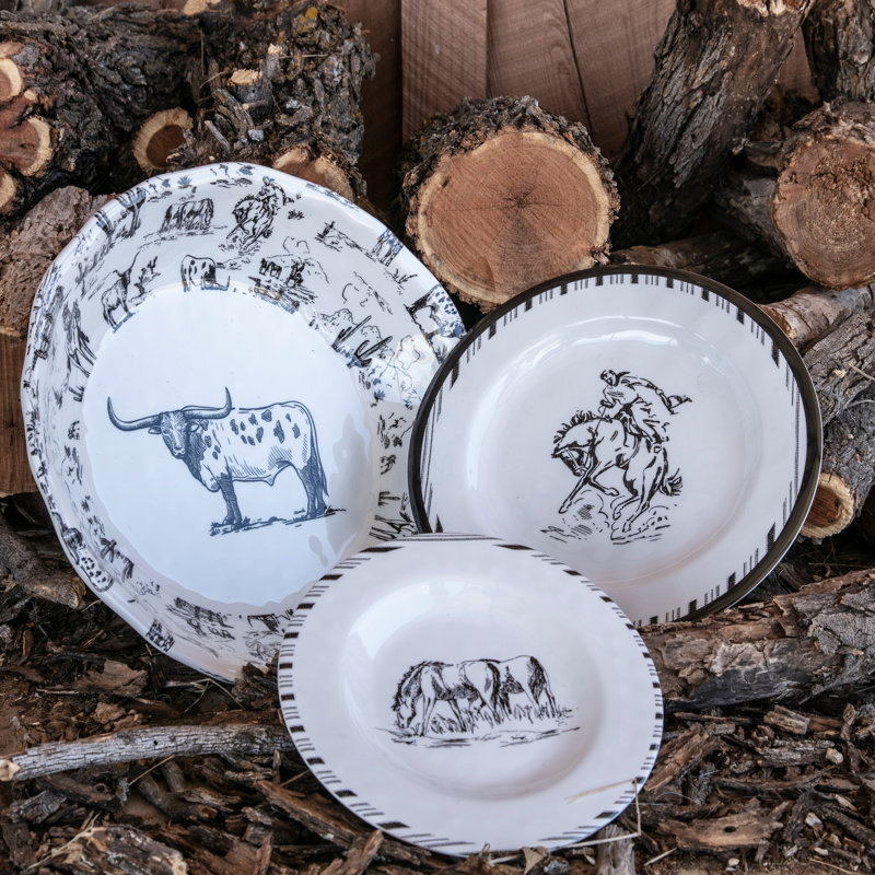 Ranch Life Black and White Melamine Western Dinnerware Set