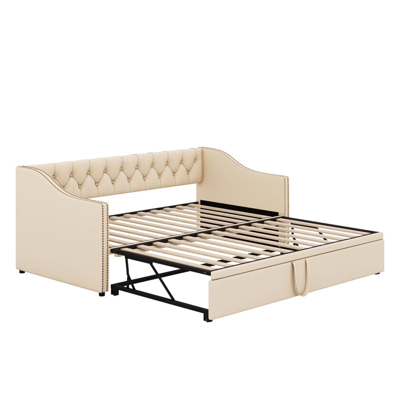 Twin Size Upholstered Daybed With Pop Up Trundle, Beige