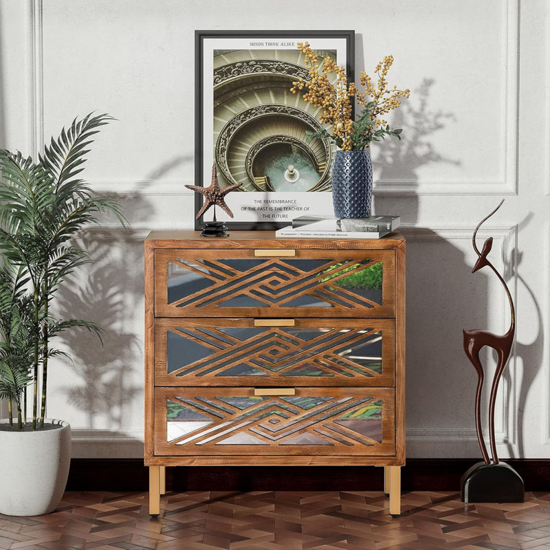 COZAYH 3-Drawer Modern Accent Dresser Mirror Front Storage Cabinet, Wood Finish
