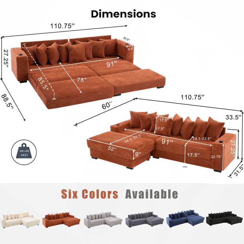 110.75" Modular L Shaped Sofa, Corduroy Fabric Sectional Couch,With A Movable Footstool, Cup Holders,Bring 8 Throw Pillows,Side Pocket,Unfold Into A Bed