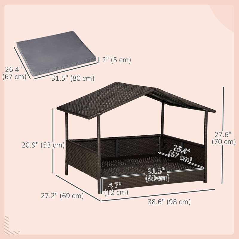 Lininger Wicker Dog House, 27.5" H x 37.5" W x 27.25" D, Gray/Brown