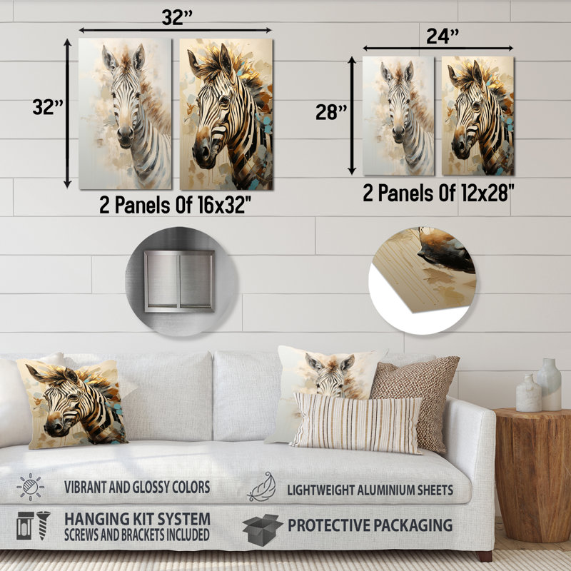 Ensemble de 2 décorations murales en métal zébré beige et doré, H 32 po x l 32 po