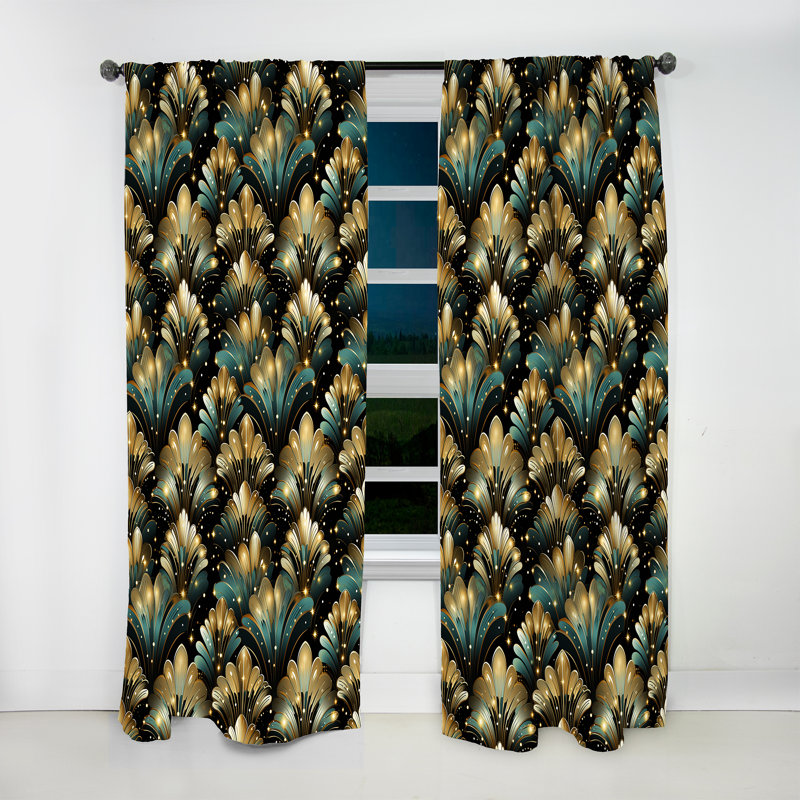 Or riche et émeraude riche motif art déco I - rideau en velours glam - obscurcissant - 1 panneau, L 52 po x L 108 po