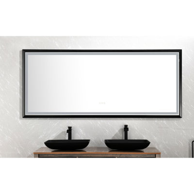Miroir de salle de bain à DEL de 88 po x 38 po, fixation murale, technologie brouillard, 3 lumières de couleur, réglable en continu, cadre en aluminium, miroir noir mat de 88 po x 38 po, monté avec brouillard, températures, gradation réglable,