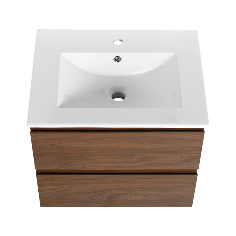 Meuble-lavabo mural avec lavabo en céramique, Chêne brun