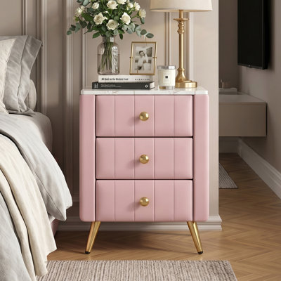Table de chevet en bois avec revêtement en bois rose ｜ 3 tiroirs et pieds et poignées en métal | Table de chevet avec plan de travail à autocollants marbrés | Apparence élégante et polyvalente