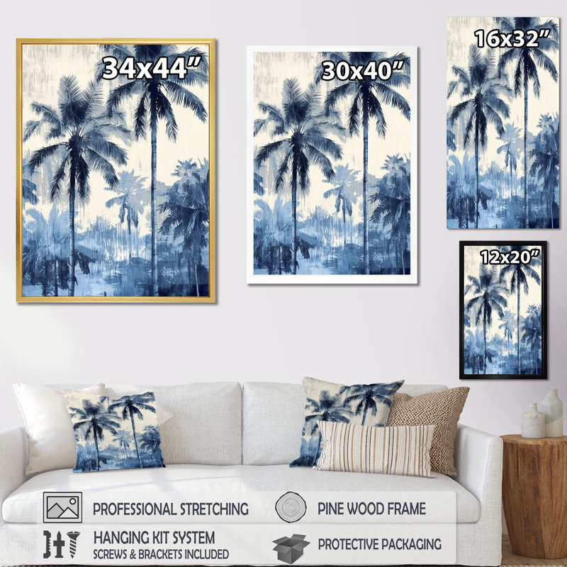 Palmiers bleus rétro, impression sur toile, palmiers, ombres II, Cadre simple noir, H 40 po x l 30 po x P 1,5 po