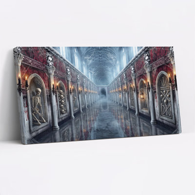 Couloir de crypte gothique avec squelettes et toiles d'araignée - Toile murale d'Halloween
