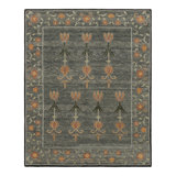 Rug & Kilim’S Block Print Rug, Teal And Gray Tones With Whimsical Floral Pattern