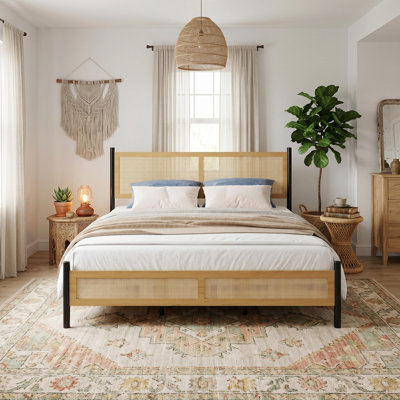 King Rattan Bed Frame With Woven Panel Headboard Footboard Combined Slatted Support Platform Bed For Bedroom Use, No Box Spring Needed, Easy Assembly