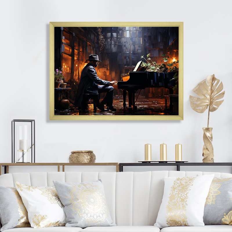Floral Floral Jazz Room Elegance III - art mural piano, Cadre d'angle fermé doré, H 20 po x l 12 po x P 1 po