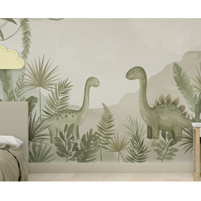 Dinosaur Nursery Wallpaper, Hand Painted Jungle Dinosaurs Wall Mural, Neutral Kids Room Wallpaper, Soft Watercolor Baby Room Decor 247DRE