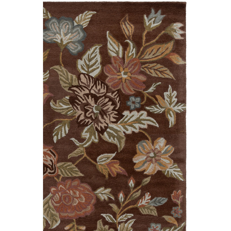 Emrick Hand Hooked Wool/Cotton/Latex Floral Rug in Brown, Rectangle 5' x 8'