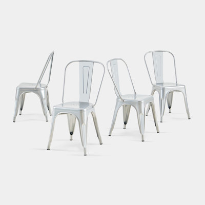 Ensemble de 4 chaises de salle à manger industrielles en métal argenté ultrabrillant à hauteur d'assise de 18 pouces à l'intérieur et à l'extérieur, surface légère facile à nettoyer, assemblage facile, conception moderne et durable, pour bar de cuisine