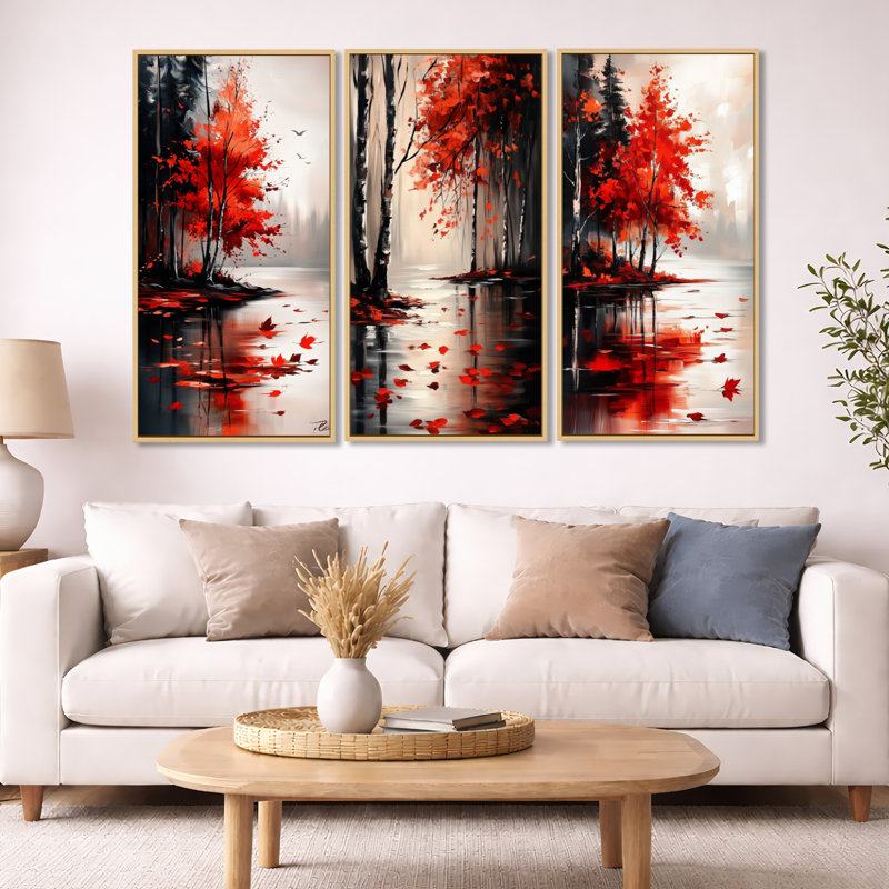 Tranquil Autumn Lake Reflections - Décoration murale encadrée paysage 3 pièces, H 40 po x l 60 po