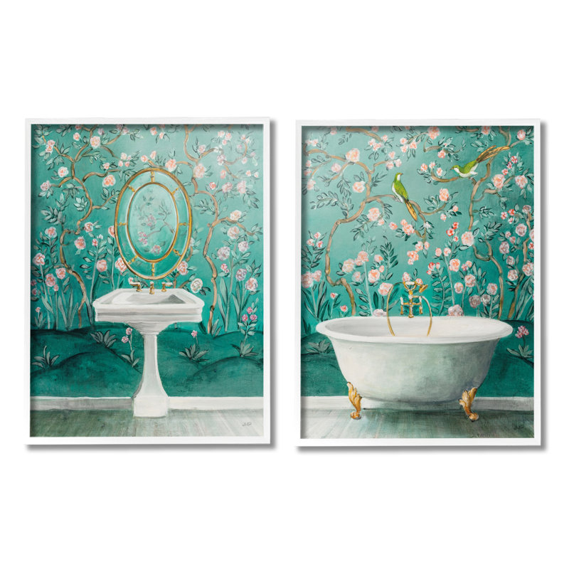 White Framed Floral Bathroom Art Set, 11 x 14