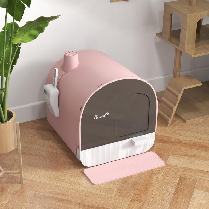Enclosed Cat Litter Box, Litter Box with Lid with Scoop and Filter, Rose