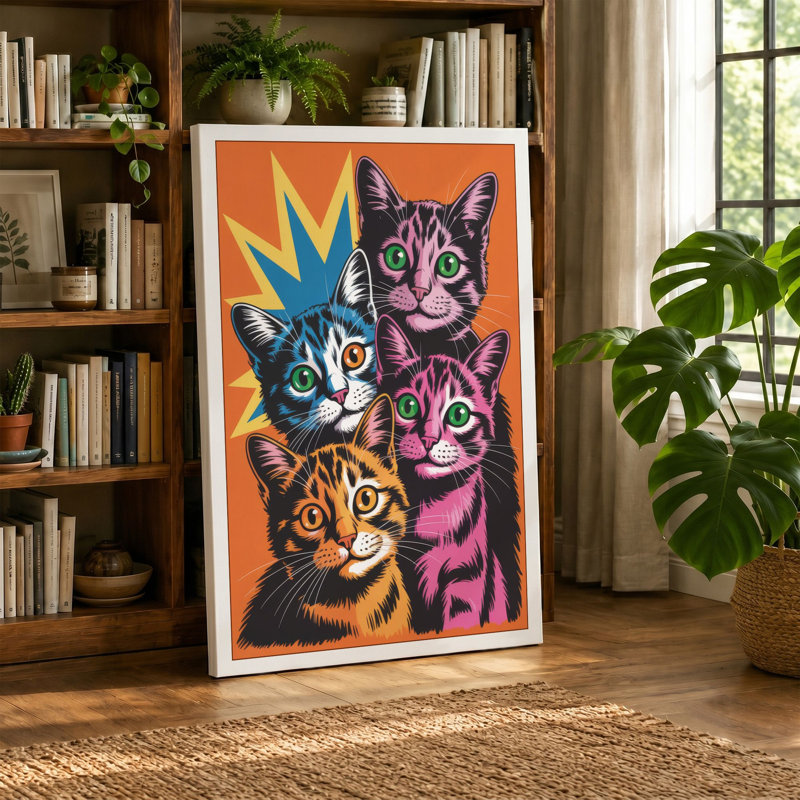 Three Cats Pop Art 1 Piece Wrapped Canvas Wall Art, 18x12 - 45.7 x 30.5 cm, Ochre Border