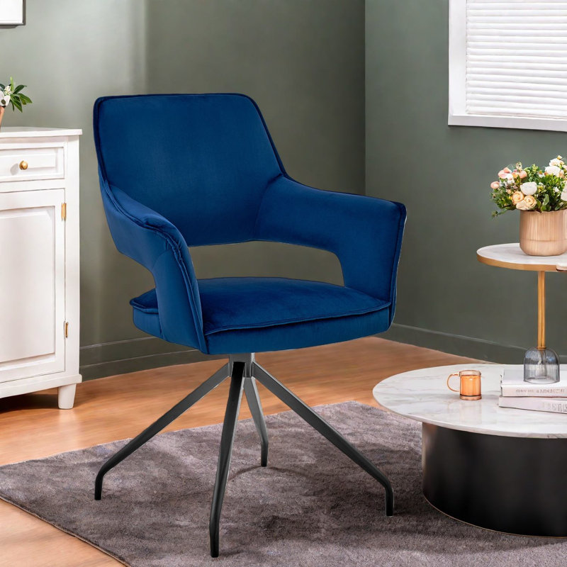 Élégante chaise d'appoint en velours bleu, pieds en bois, salle à manger moderne