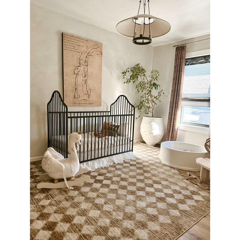 Taupe and Cream Rectangular Synthetic Checkered Area Rug