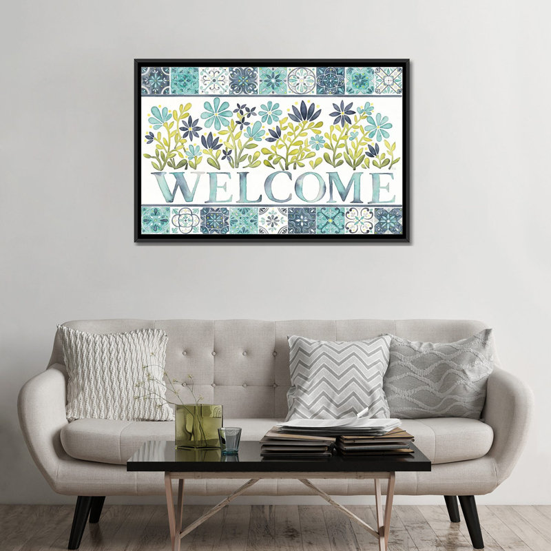 «Garden Getaway Welcome», impression sur toile, H 18 po x l 26 po x P 1,5 po, Toile avec cadre noir, Pas de tapis