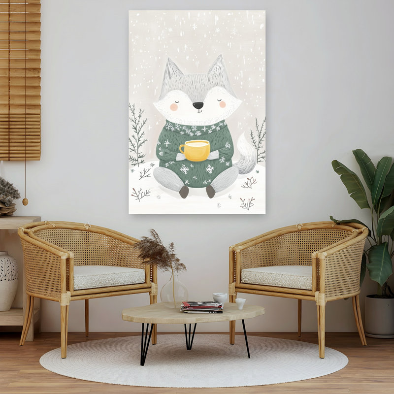 Cozy Winter Fox Abstract Contemporary Fox Forest Landscape Wall Art Print by Mathieu - Wrapped Canvas Print