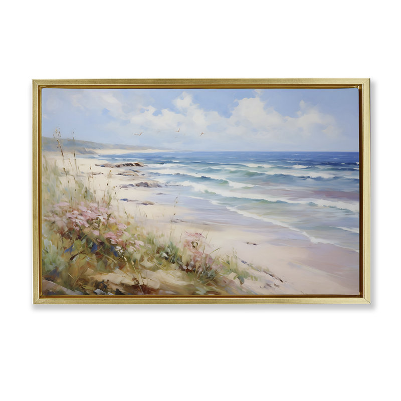 «Summer Coastal Waves», toile flottante encadrée par Franklyn Gregory, H 21 po x l 31 po, Cadre flottant métallique doré