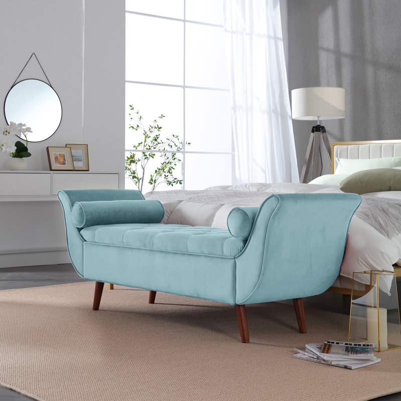 Blue Velvet Upholstered Storage Bench with Roll-Arm
