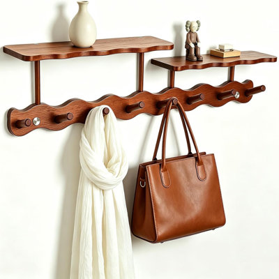 Wall-Mounted Solid Wood Coat Rack - No-Drill Wave Hooks + Shelf, Multi-Functional Entryway & Bedroom Organizer