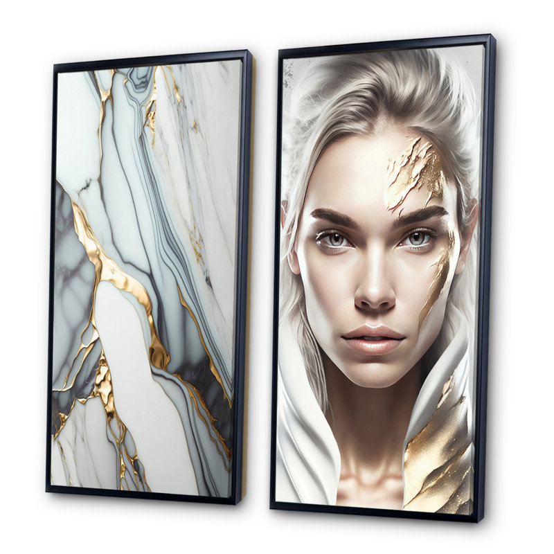 " Abstract Geode Gold And White Marble " 2 - Pieces, Black Framed, 20" H x 24" W