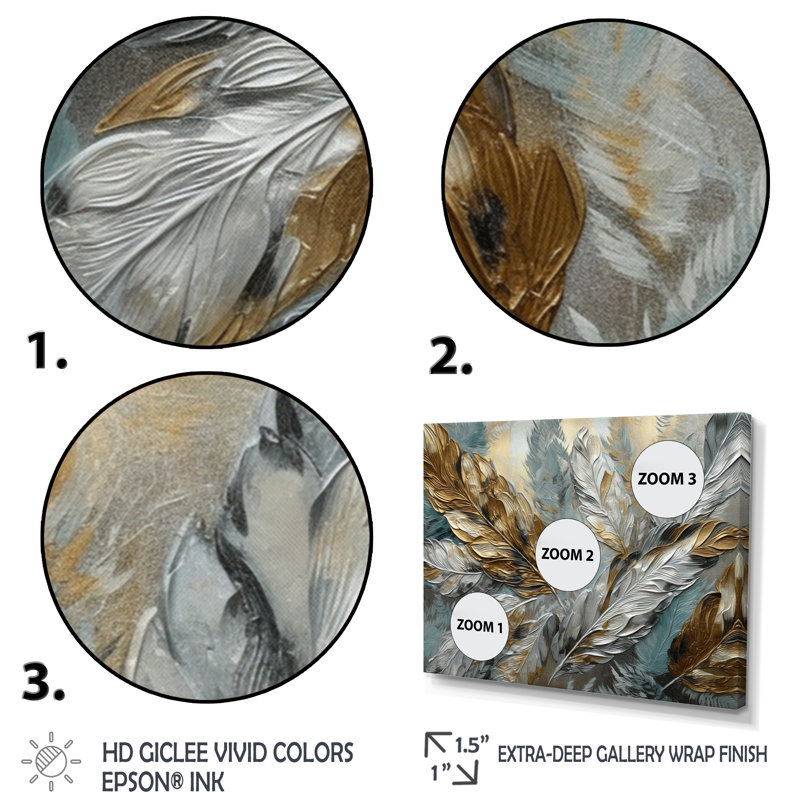 Argent et or Expressions de la liberté I - plume bohème, art mural, H 34 po x l 44 po x P 1,5 po, Encadrement argenté