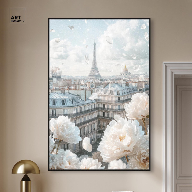 Décoration murale pivoines sur toile Glam , H 31 po x l 21 po, Blanc, Cadre flottant