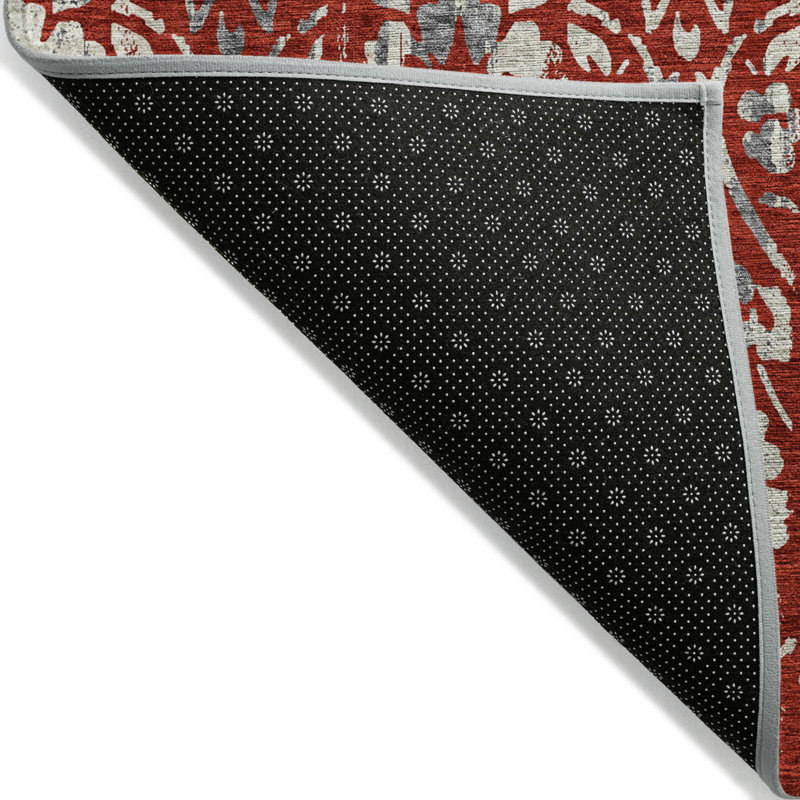 3' X 5' Red Ivory And Dark Gray Floral Washable Indoor Outdoor Area Rug
