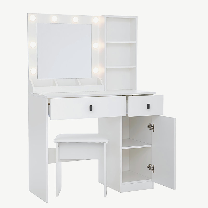 Bureau de meuble-lavabo avec lumières, ensemble de meuble-lavabo avec miroir, bureau de maquillage avec grands tiroirs et rangement à trois niveaux Dreeser, meubles-lavabos à 3 lumières réglables pour la chambre à coucher
