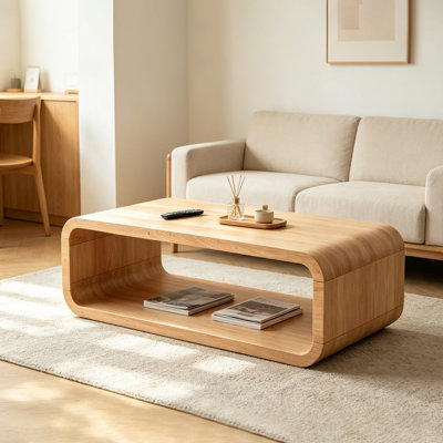 Minimalist Light Natural Wood Curved Coffee Table, 2-Tier Open Storage Low Profile Rectangular Table for Modern Living Room