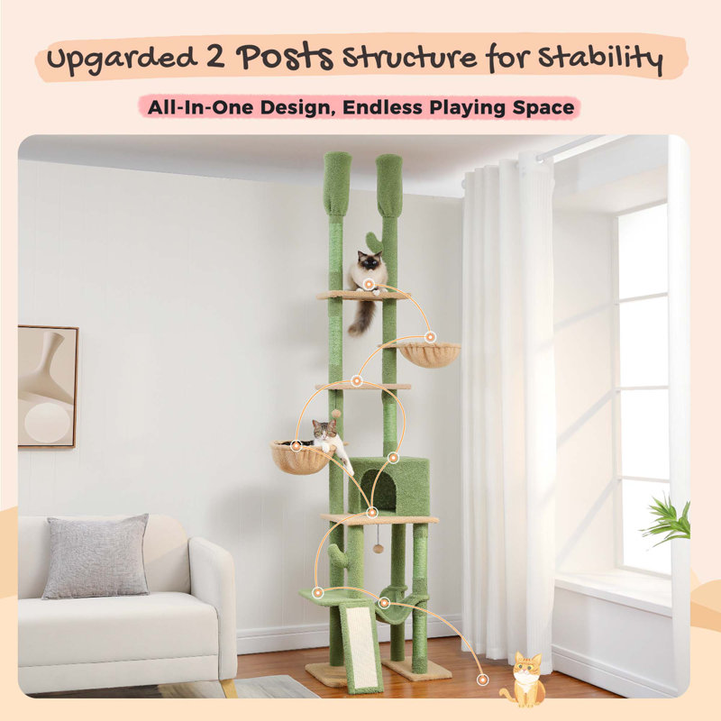 Large Green and Beige Adjustable Height Cactus Cat Tree Tower
