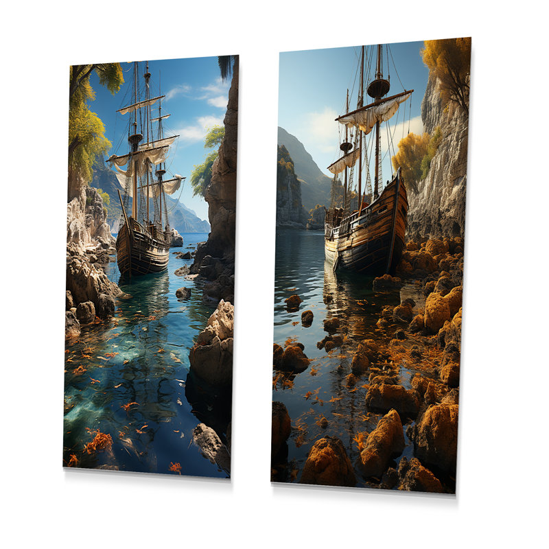 «Tropical Hidden Harbor Pirate Ship», ensemble de 2 reproductions d'art en métal, H 32 po x l 32 po