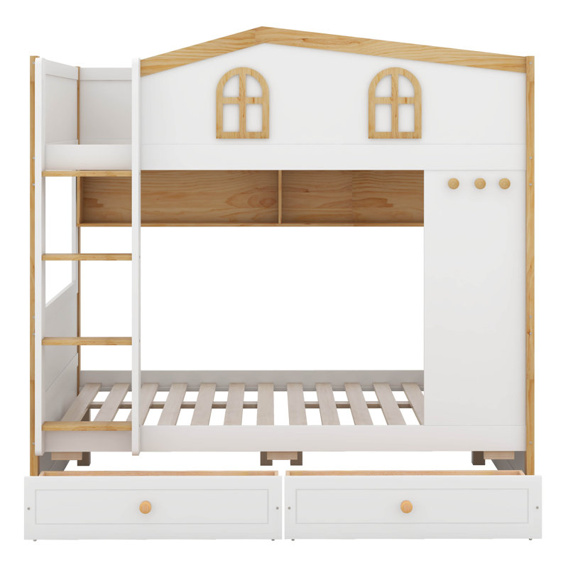 Lit superposé House avec tiroirs et tablettes de rangement, cadre de lit superposé en bois avec garde-corps en forme de maison