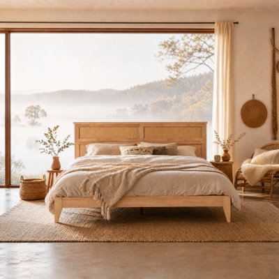 King Size Solid Rubberwood Bed Frame with Hand-Woven Rattan Headboard, Sturdy Reinforced Support Legs, Natural Wood Finish Bedroom Platform Bed