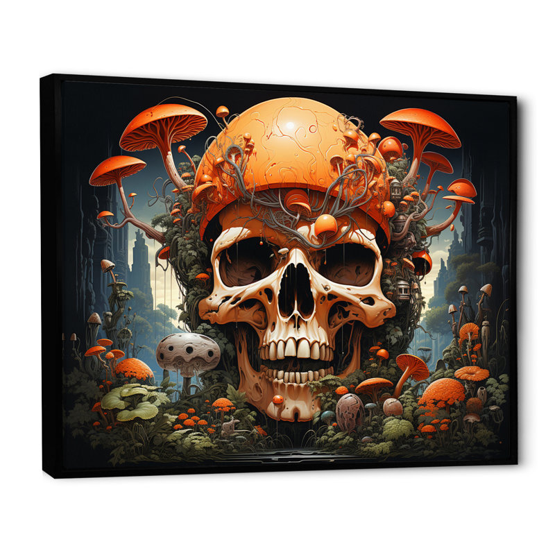 Tête de mort souriante, champignons orange, impression d'Halloween, H 30 po x l 40 po x P 1,5 po, Cadre flottant noir