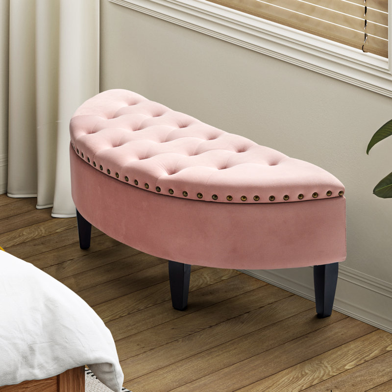Banc de rangement rembourré en velours avec pieds touffetés et en bois massif Isabel, Rose