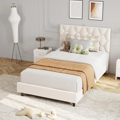 Beige Twin XL Bed Frame with Upholstered Headboard, Heavy-Duty Platform Bed Frame with Strong Wood Slats, No Box Spring Needed/Noise Free/Easy Assembly