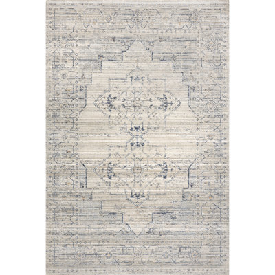 Lolita Medallion Machine Washable Indoor/Outdoor Area Rug for Living Room Patio Deck Front Porch Kitchen, Beige/Blue
