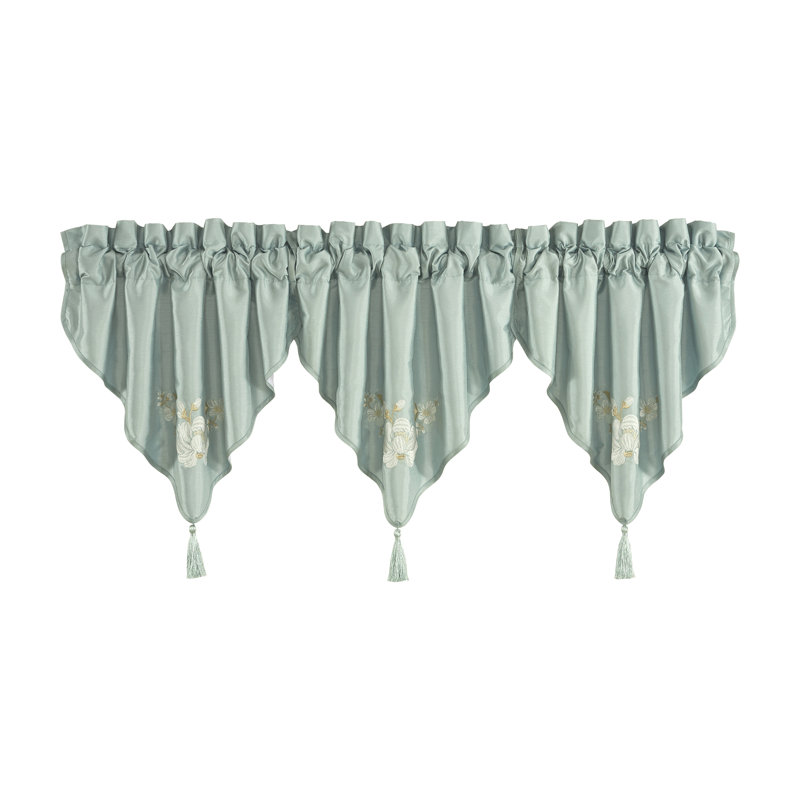 Green Floral Embroidered Tassel Rod Pocket Valance