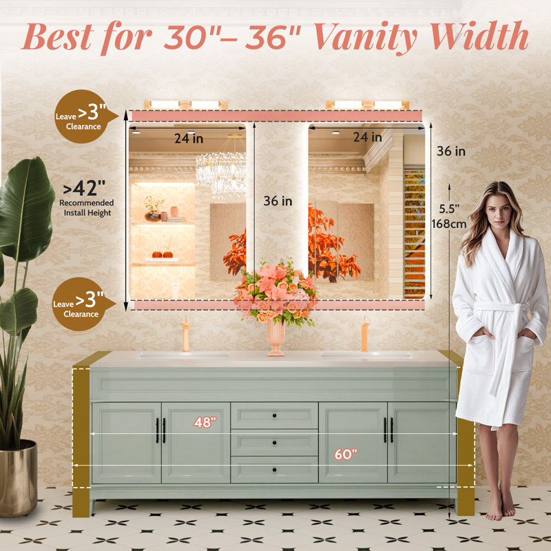 Miroir de salle de bain en verre trempé rétroéclairé à DEL avec éclairage à intensité variable de température de 3 couleurs, miroir de salle de bain en verre trempé avec UL Rohs ETL et garantie de 3 ans