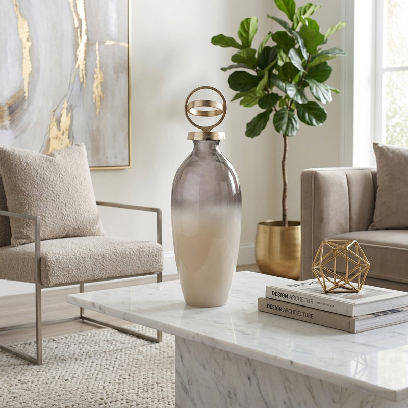 Decorative Gradient Glass and Metal Bottle Jar with Lid for Table Display - Sleek Tall Jar Modern Home Accent for Living Room Styling - White & Gold